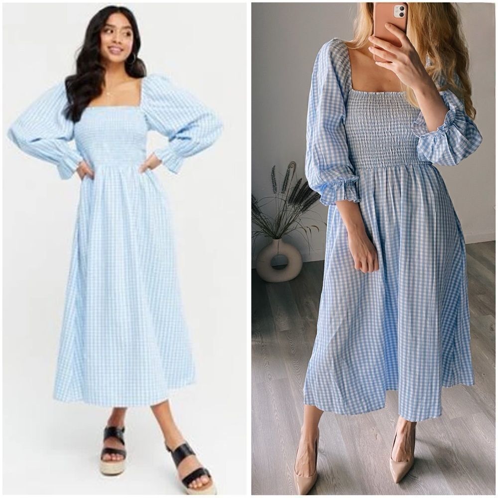 New Look Petite shirred textured midi dress in blue gingham - Picture 2 of 8
